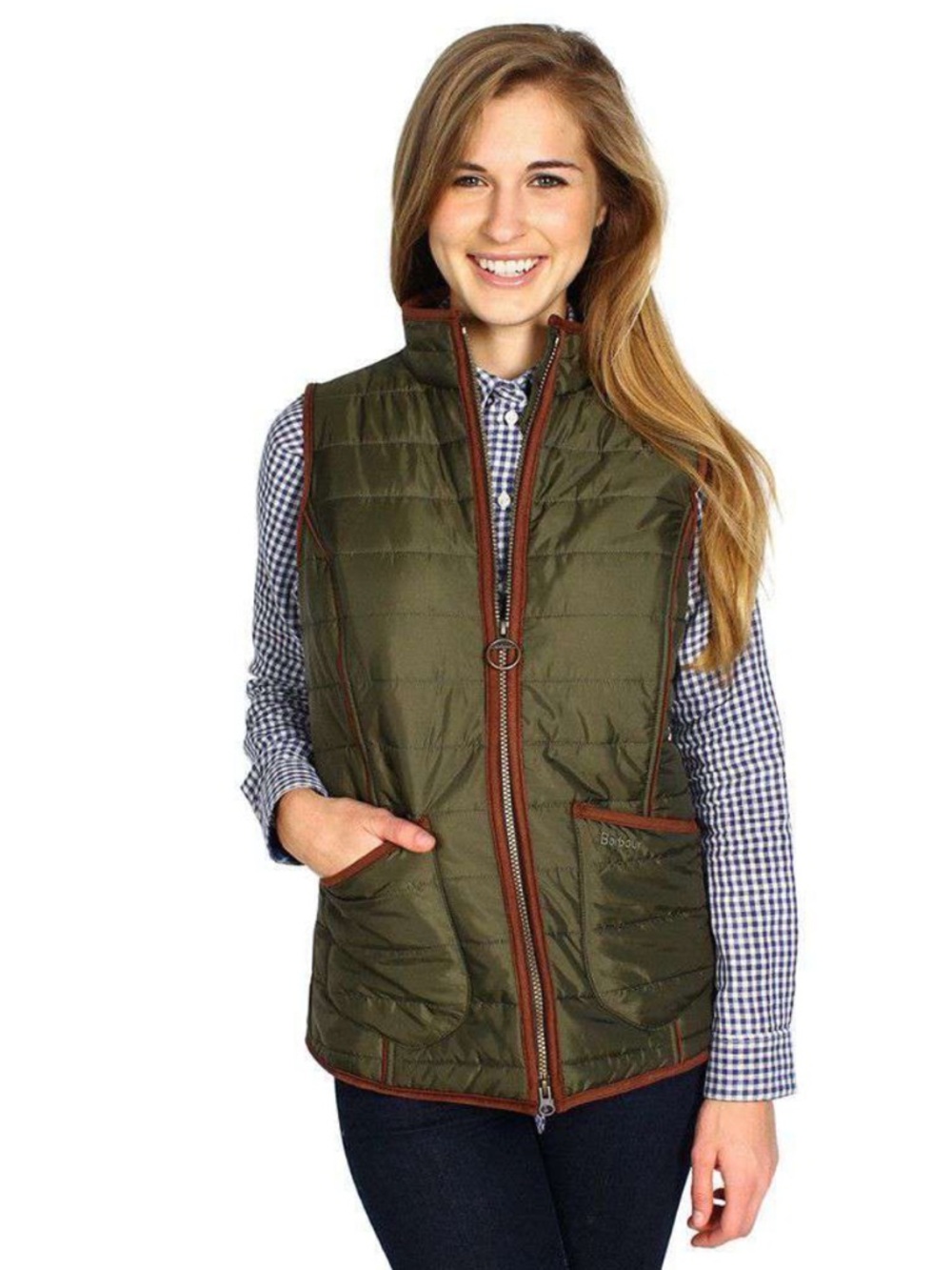 Barbour Olive Quilted Gilet with Brown Trim